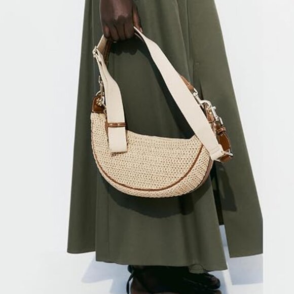 Neiman Marcus Khaki Beach Crescent Shoulder Bag - Picture 1 of 5